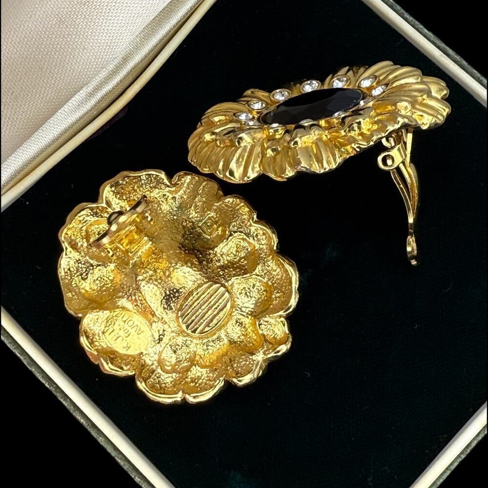 Vintage Kenneth Jay Lane Avon Sunflower Earrings Clip Signed Black Gold KJL - Picture 7 of 10